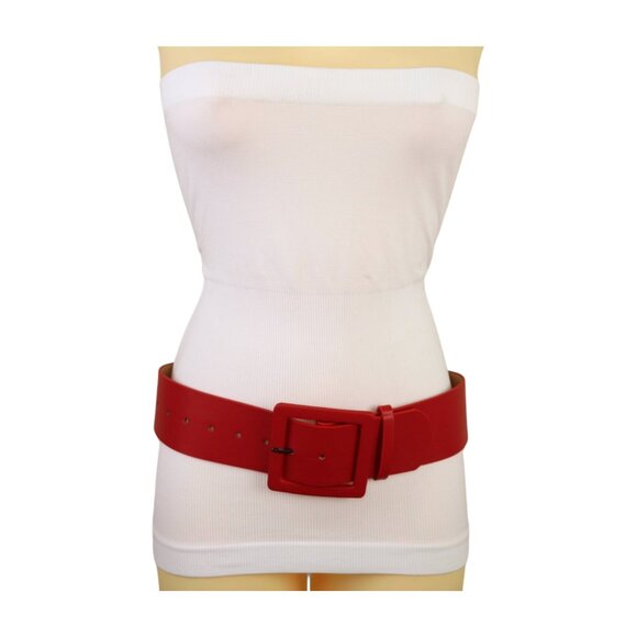 Women Red Faux Leather Waistband Fashion Belt Hip Waist Big Square Buckle M L - Picture 9 of 16